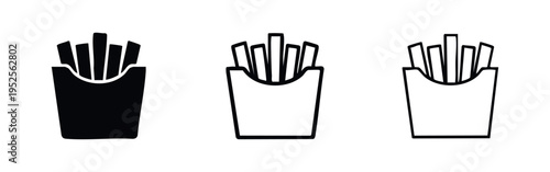 French fries fast food icon set. Classic potato snack outline and silhouette vector illustration on white background.
