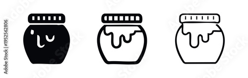 Honey jar icons with dripping honey in solid, bold outline, and thin outline styles.