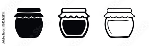 Jam jar or honey pot icon set. Sweet preserve container outline and silhouette vector illustration on white background.