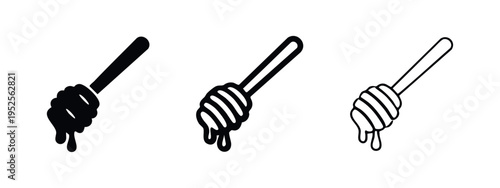 Honey dipper icons with dripping honey in solid, bold outline, and thin outline styles.