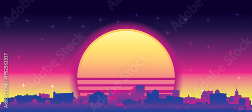 Purple generic retro futuristic synthwave panoramic poster of the city skyline with misty background sunset buildings of PITTSBURGH, UNITED STATES