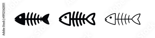 Fish bone skeleton icon set in three styles, representing seafood, death, or marine biology concept.