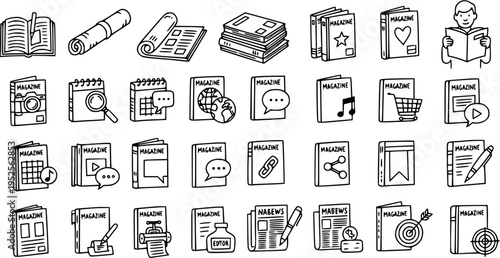 Publishing and Media Icons Set in Hand-Drawn Black  White Line Art Style. Outline Symbols for Books, Magazines, News, and Reading.