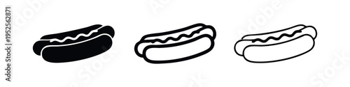 Hot dog icon set with three different styles, perfect for fast food, snack, or restaurant menu designs.