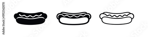 Top view hot dog icon set in various styles, representing classic fast food, grilled sausage, or a meal.