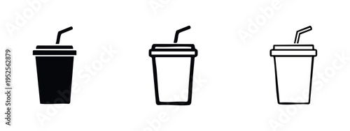 Disposable soda or drink cup with straw icon in multiple styles, ideal for beverage, fast food, or cafe themes.