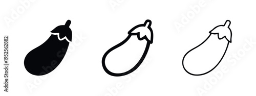 Eggplant vegetable icon set in three distinct design variations, ideal for healthy food, cooking, or grocery themes.