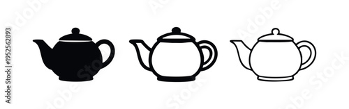 Classic teapot icon set in three different design styles, suitable for tea time, cafe, or kitchen concepts.