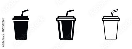 Modern soda or soft drink cup icon with straw in three design styles, suitable for cafe or refreshment concepts.