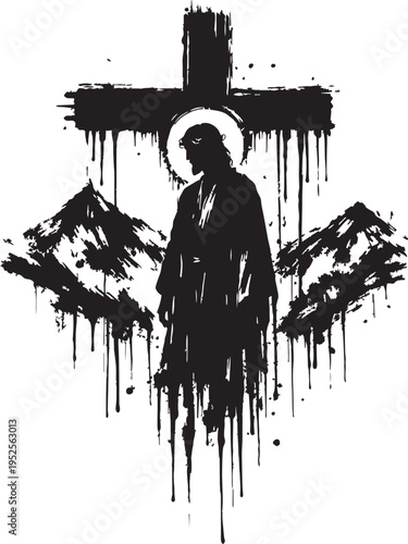 Jesus Christ Silhouette with Cross Grunge Style Christian Illustration