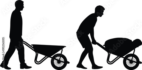 Silhouette of workers pushing wheelbarrows with load, manual labor transport activity, construction material handling vector illustration isolated on white background