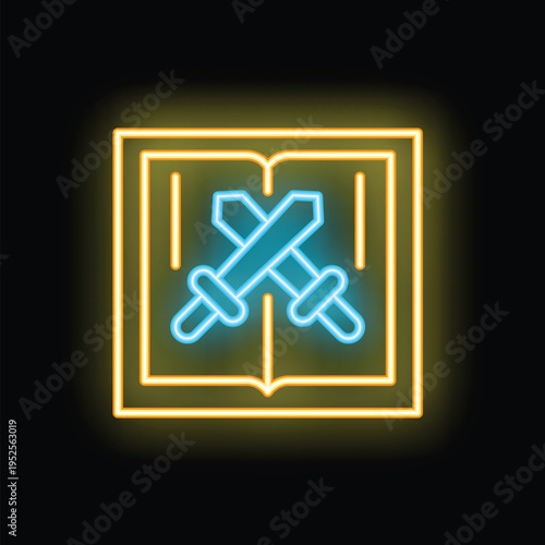 Glowing neon icon of crossed swords over book representing history of wars, military battles and ancient weaponry