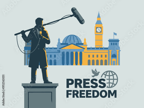Illustration for press freedom, showing journalist statue with boom mic, iconic city buildings, and globe with dove, symbolizing independent media's vital role globally