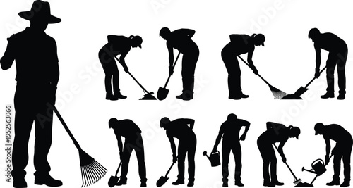 Silhouette set of gardening workers performing yard maintenance, digging, raking and watering plants, landscaping and outdoor cleaning service team vector illustration