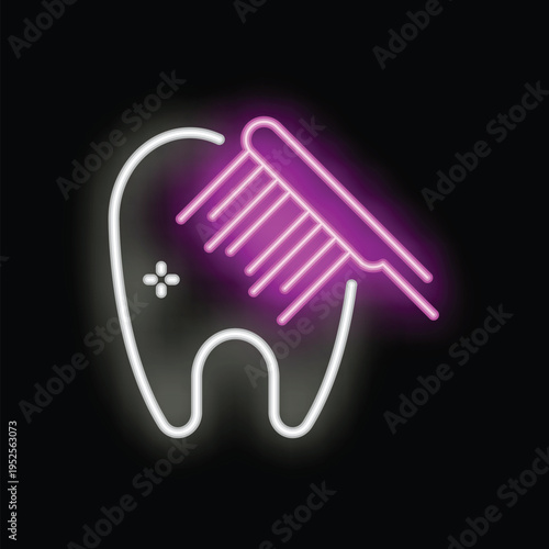 Neon toothbrush brushing glowing tooth on black background concept for dental care, oral hygiene, healthy lifestyle and dentistry