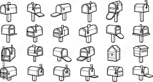 Black and White Line Art Mailbox Icons Set. Traditional Residential Postboxes for Home, Garden, and Postal Service Communication Design Elements.