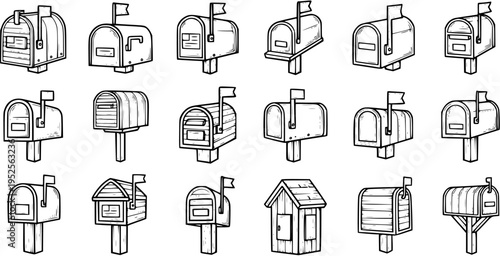 Hand-drawn Line Art Mailbox Collection. Black and White Doodle Set of Postboxes for Postal Service, Communication, and Home Delivery Concepts.