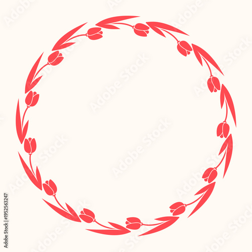 Clip art of hand drawn simple wreath of tulips on isolated background. Design for Mother’s Day, springtime and summertime celebration, scrap booking, wedding invitation, textile, home decor.