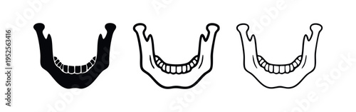 Human mandible bone vector icon set. Lower jaw anatomy with teeth symbol in various styles.