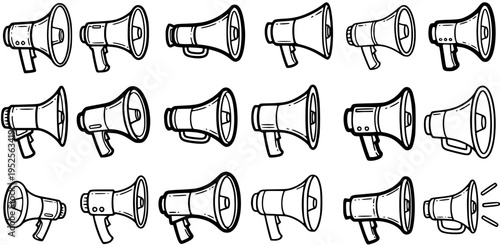 Black  White Line Art Doodle Megaphone Vector Collection for Communication, Marketing, Announcement, and Public Address Concepts