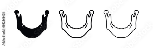 Human mandible bone vector icon set. Lower jaw anatomy symbol in various styles.