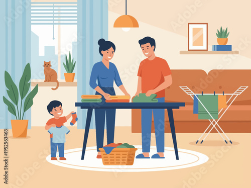 Family Folding Laundry Together at Home with a Cat Sitting on the Window Sill and Clothes Drying on a Rack