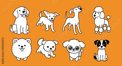 Set of 8 cute white dog vector illustrations featuring various breeds like poodle, terrier, and golden retriever puppies, perfect for pet-themed designs