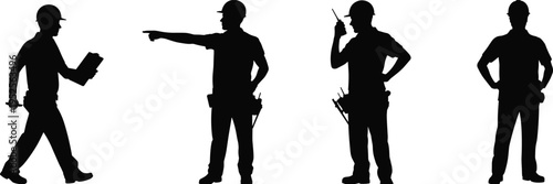 Silhouette set of construction workers in different poses, engineer with clipboard and walkie talkie, industrial labor team concept vector illustration