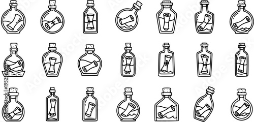 Black and White Line Art of Various Potion Bottles with Scrolls Inside, Perfect for Fantasy or Alchemy Themes