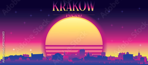 Purple generic retro futuristic synthwave panoramic poster of the city skyline with misty background sunset buildings of KRAKOW, POLAND