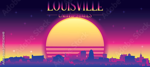 Purple generic retro futuristic synthwave panoramic poster of the city skyline with misty background sunset buildings of LOUISVILLE, UNITED STATES