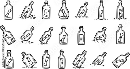 Hand-drawn Black  White Line Art Icons of Message in a Bottle. Communication and Nautical Themed Vector Collection of Vintage Glass Bottles with Scrolls Lost at Sea