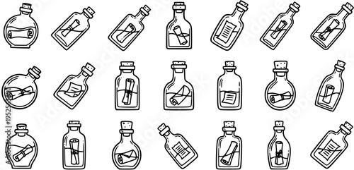 Black and White Line Art Message in a Bottle Icons Set for Communication, Adventure, and Discovery Themes - Hand-Drawn Outline Vector Collection