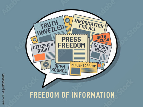Vector illustration of a speech bubble filled with newspaper headlines, embodying the vital principles of press freedom, open source, and universal access to information
