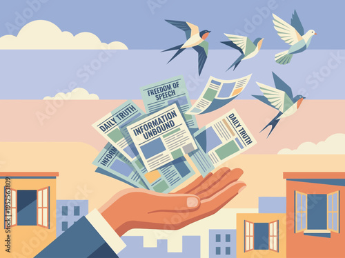 A hand releasing newspapers into the sky, carried by birds, symbolizing the spread of information and freedom of the press
