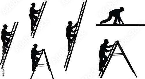 Worker climbing ladder silhouettes set, construction maintenance and repair activities, professional labor safety equipment usage vector illustration isolated on white background