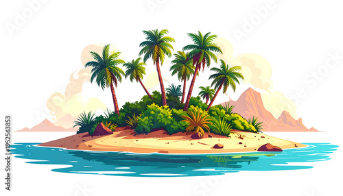 Cartoon-style tropical island with palm trees, vegetation, sand, ocean, and clouds