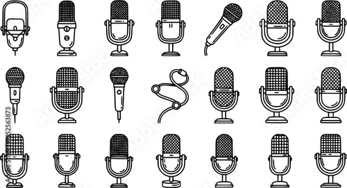 Microphones Line Art Icon Set: A Black and White Outline Collection for Audio, Broadcasting, Podcasting, and Communication Devices