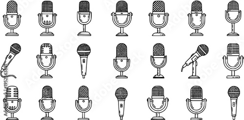 Black and White Line Art Collection of Various Microphones on White Background