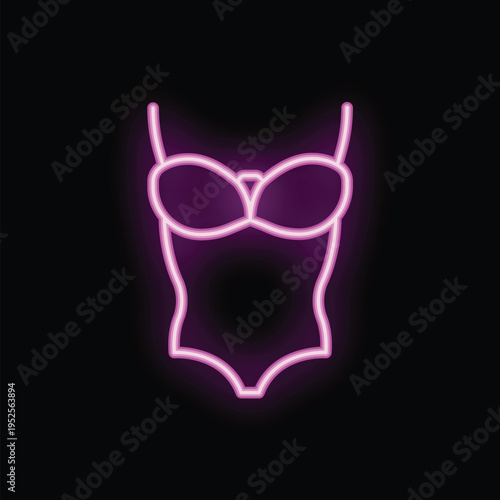 Neon sign of a sexy lingerie bodysuit is glowing on a black background