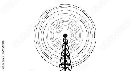 Communication Tower with Antenna and Concentric Circular Waves on Isolated White Background