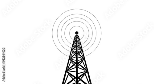 Communication Tower with Single Antenna and Circular Radio Waves on Isolated White Background