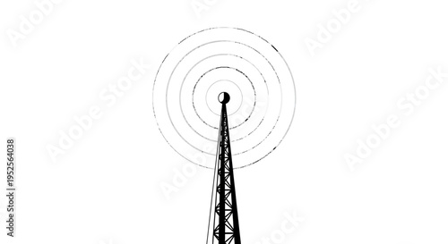Communication tower emitting concentric waves, isolated white background.