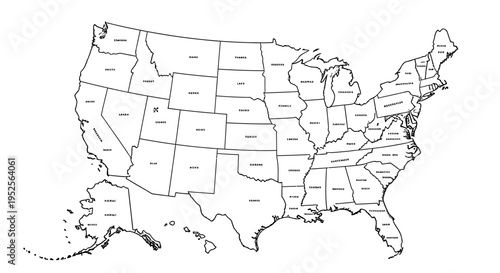 Minimalist outline map of United States with state divisions, white background.