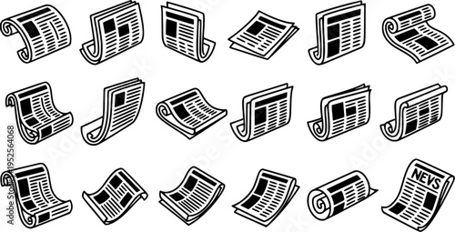 Black and White Line Art News and Media Industry Icons: Collection of Hand-Drawn Newspapers, Folded, and Rolled Paper Documents, perfect for Journalism and Information.