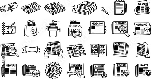 News and Media Journalism Black and White Line Art Icons Set featuring Newspapers, Headlines, Reporters, and Publishing Elements.