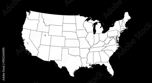 White United States map with black state outlines, black background.