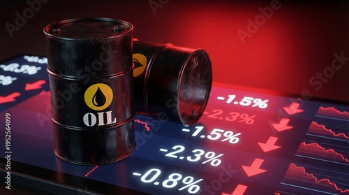 Slika na platnu Oil barrels on a declining stock market graph with red lights