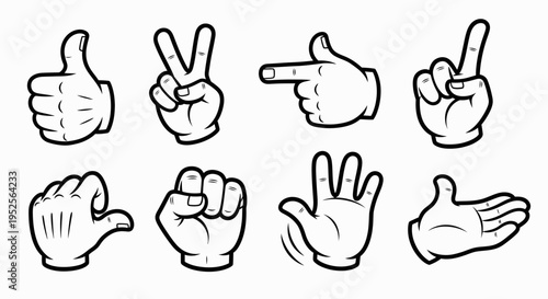 Set of outline hand gesture icons including thumbs up, peace sign, pointing, fist, and open hand in a bright studio.