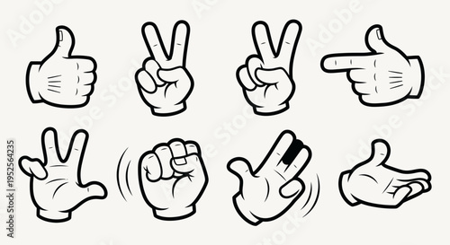 Set of outline hand gesture icons including thumbs up, peace sign, pointing, fist, and open hand in a bright studio.